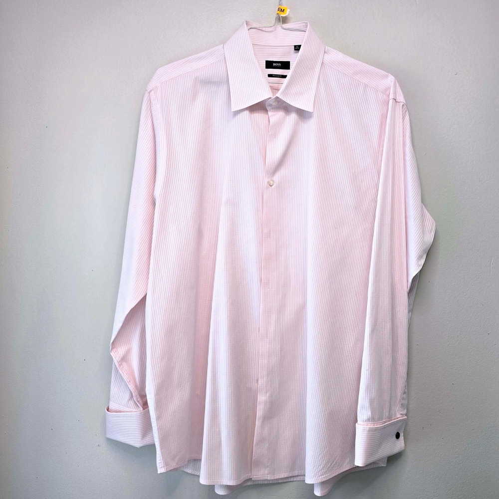 BOSS Hugo Boss Pink Striped French Cuff Regular Fit Dress Shirt 18 34/35